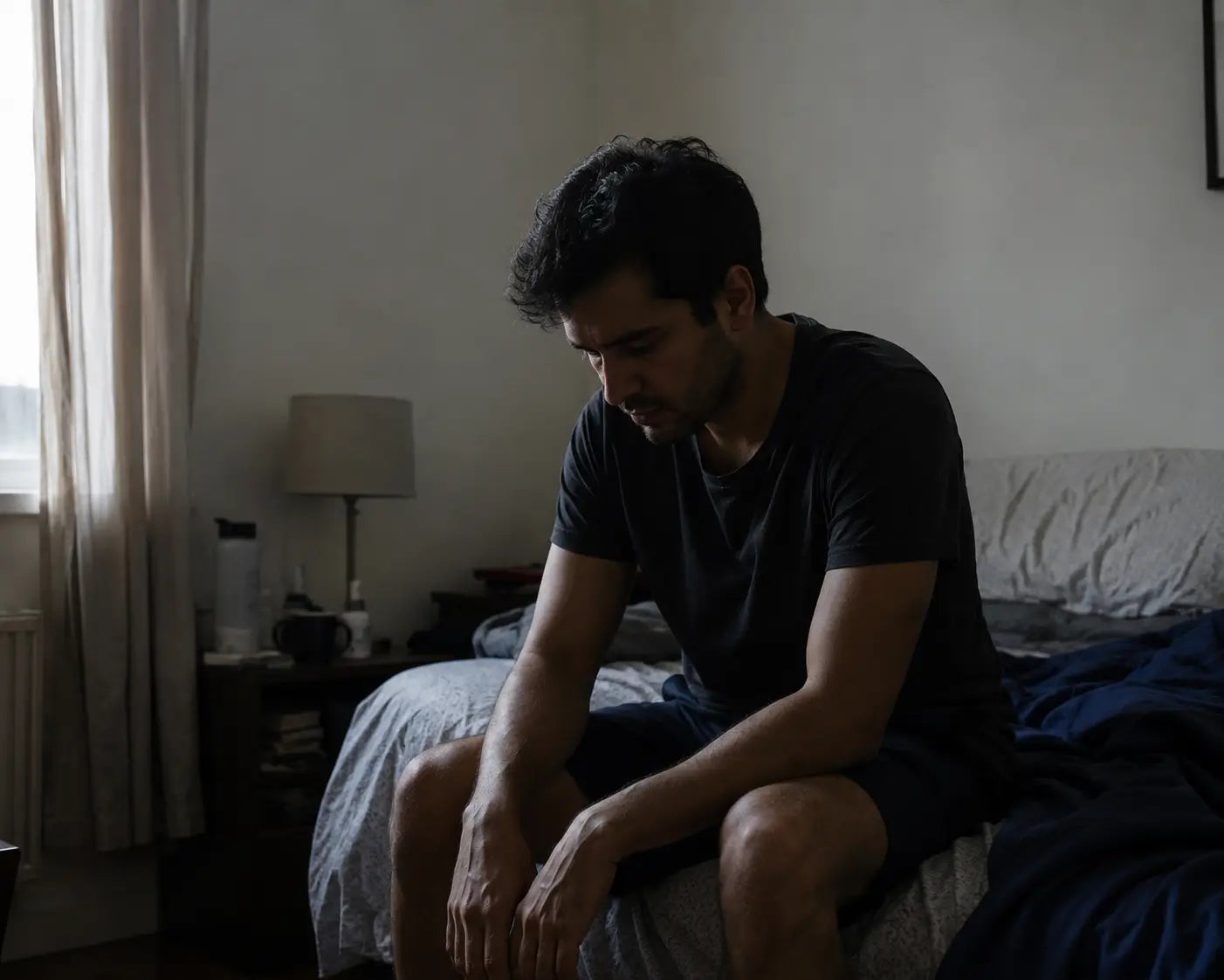 Man sitting on a bed in a dimly lit room