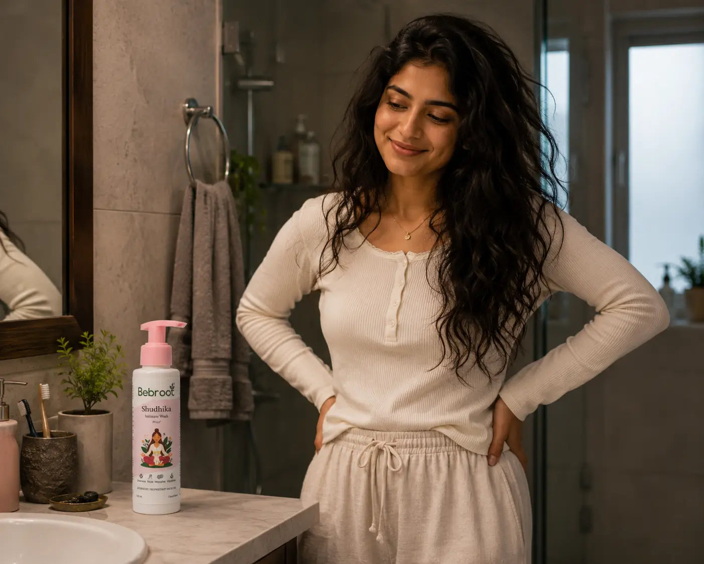 Woman standing in a bathroom looking at herself in the mirror