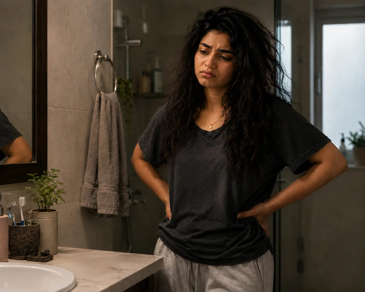 Woman standing in a bathroom looking at herself in the mirror