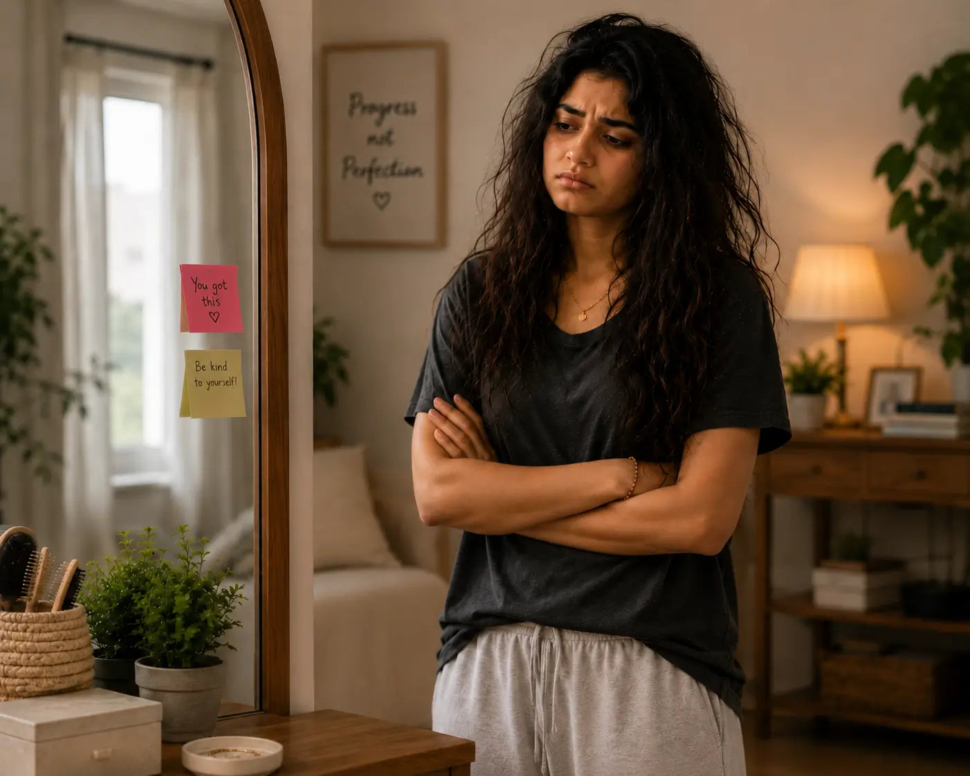 Woman standing in a room with a mirror and plants, looking sad.