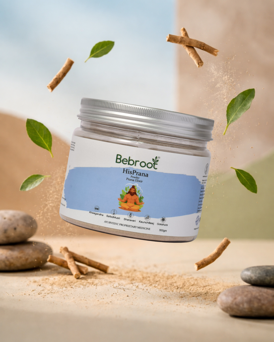 Bebroot HisPrana product jar with natural elements on a light background