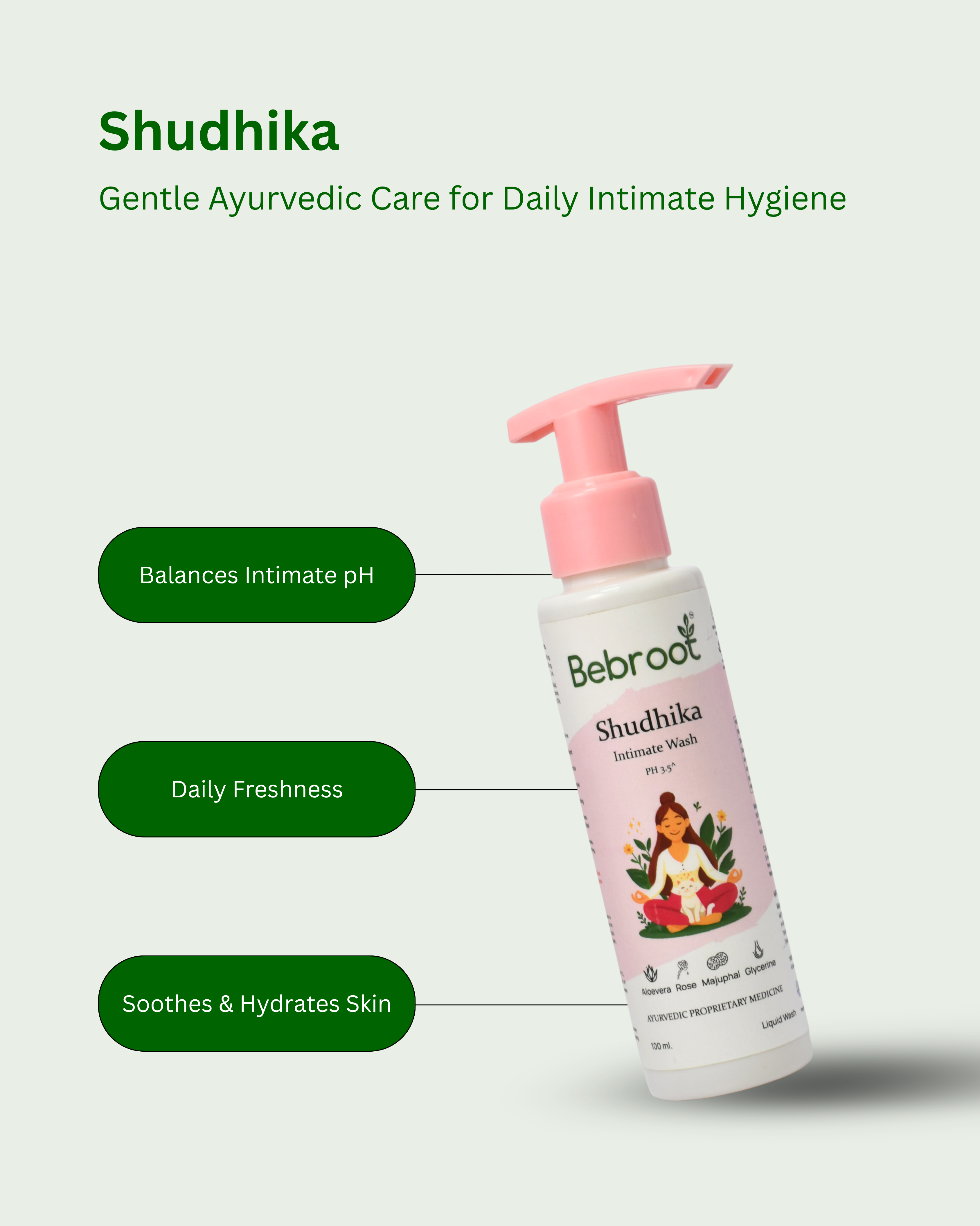 Bebroot Shudhika intimate wash bottle with product features on a light green background