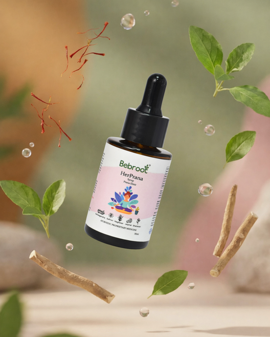 Bottle of Bebroot with dropper surrounded by leaves and roots on a natural background