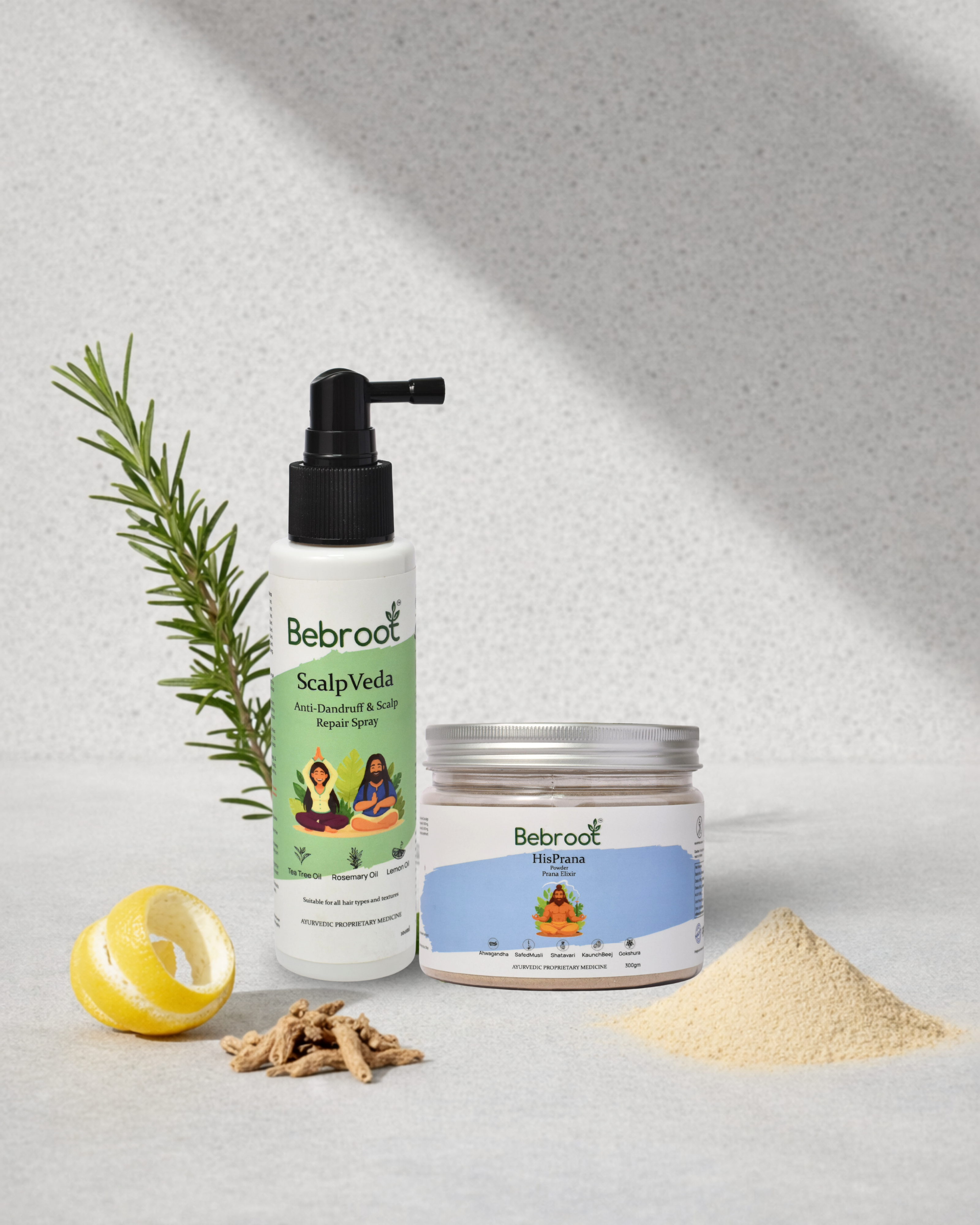 Bebroot hair care products including a spray bottle, jar, and powder on a light gray background.