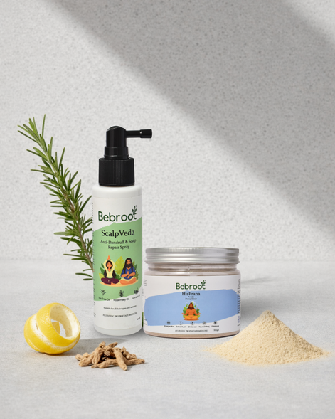 Bebroot hair care products including a spray bottle, jar, and powder on a light gray background.