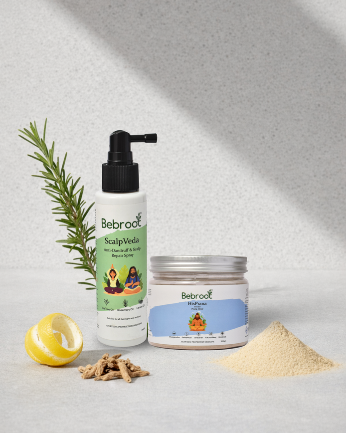 Bebroot hair care products including a spray bottle, jar, and powder on a light gray background.