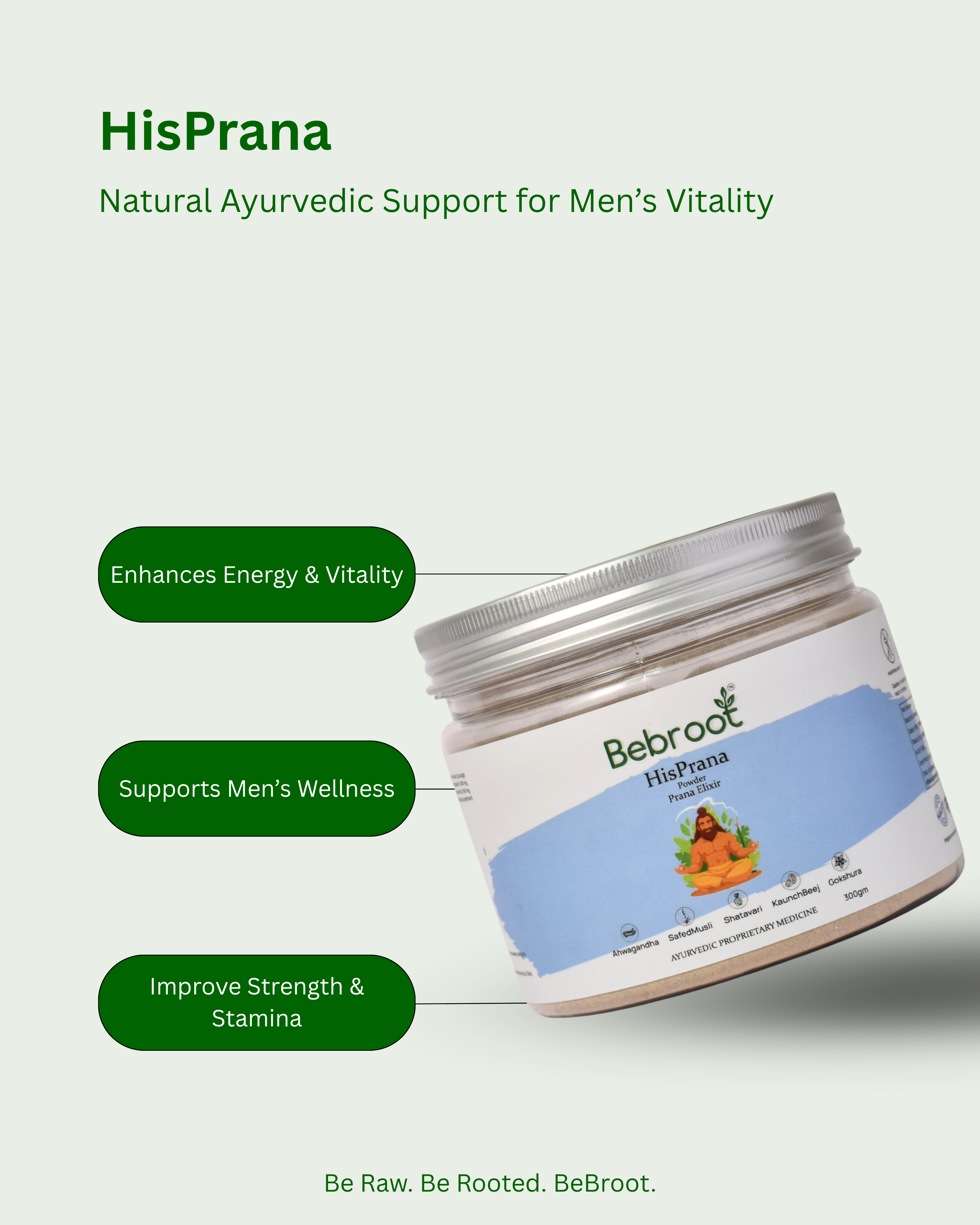 Beverage container labeled 'Bebroot' with 'HisPrana' branding on a light gray background.