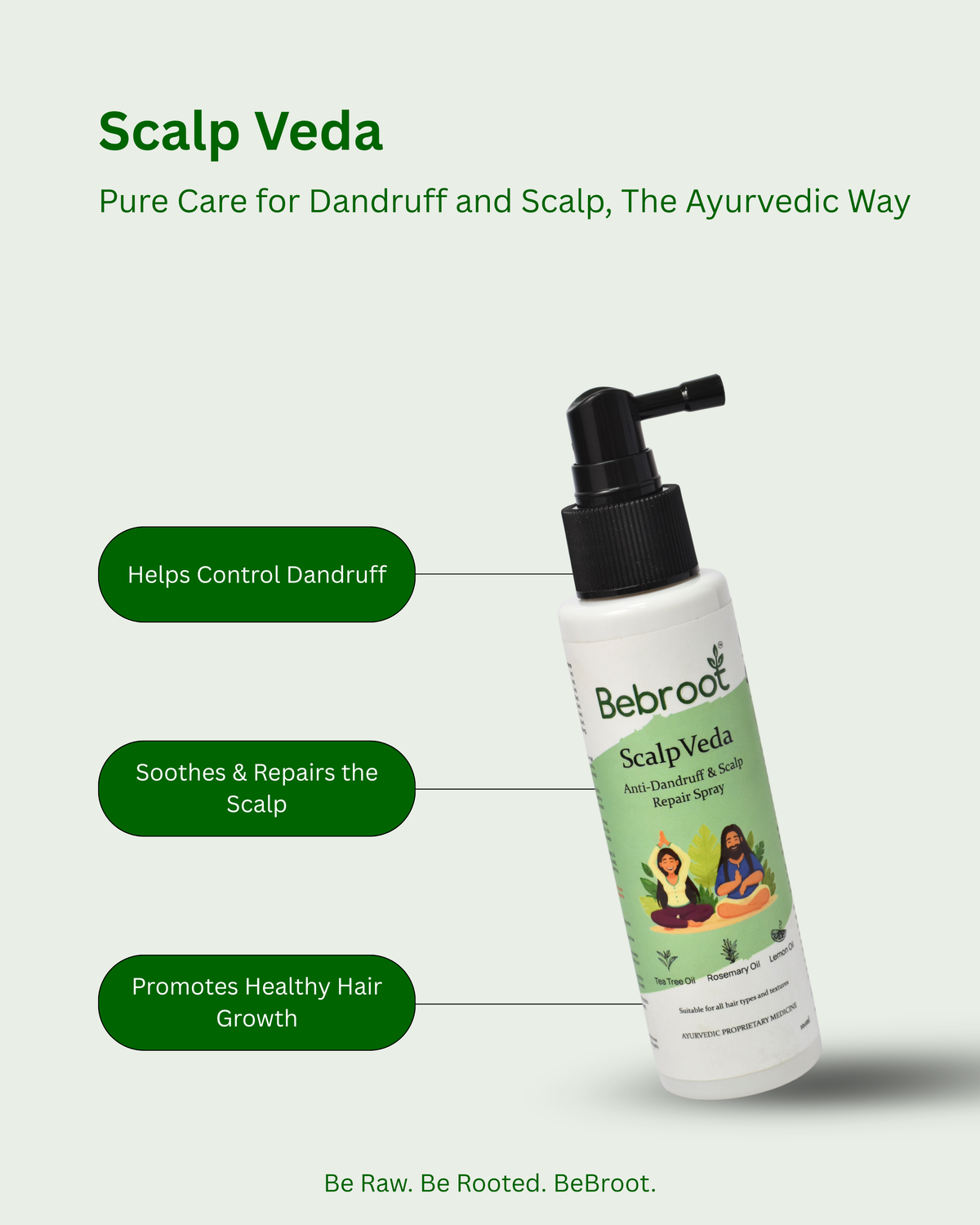 Bebroot Scalp Veda product with benefits listed on a light green background