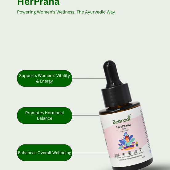 HerPrana bottle with dropper on a white background, featuring product benefits.