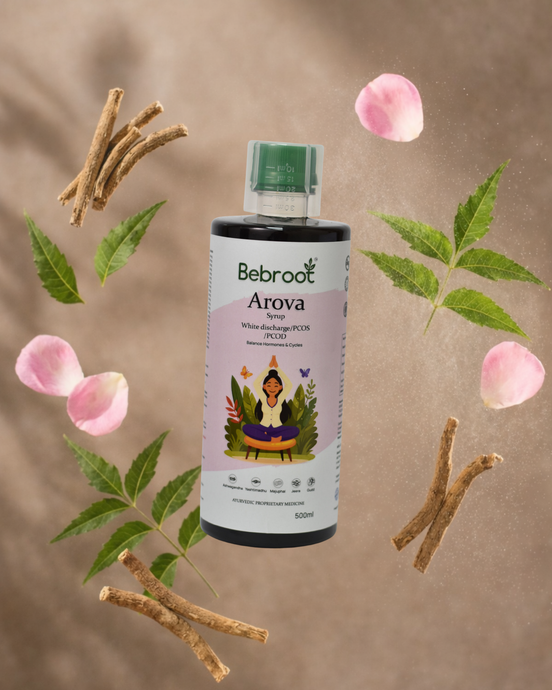 Bottle of Bebroot Arova syrup with natural elements on a brown background