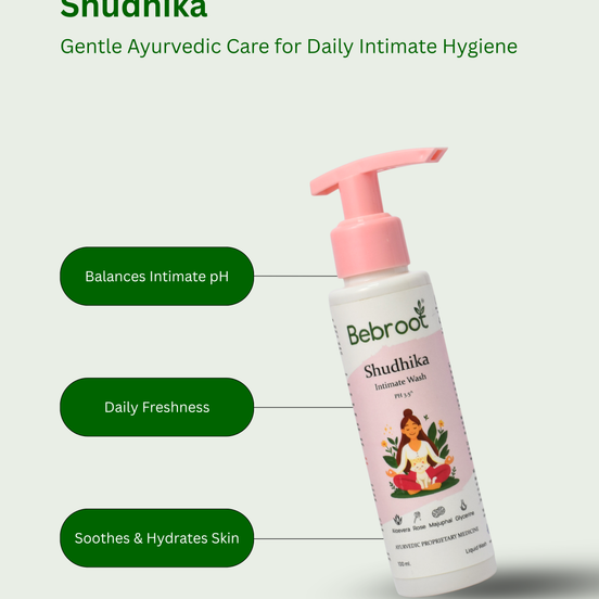Bebroot Shudhika intimate wash bottle with product features on a light green background