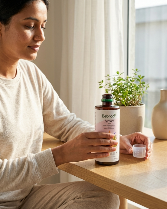 Woman holding a bottle of 'Bebroot Arova' supplement in a bright room with plants.