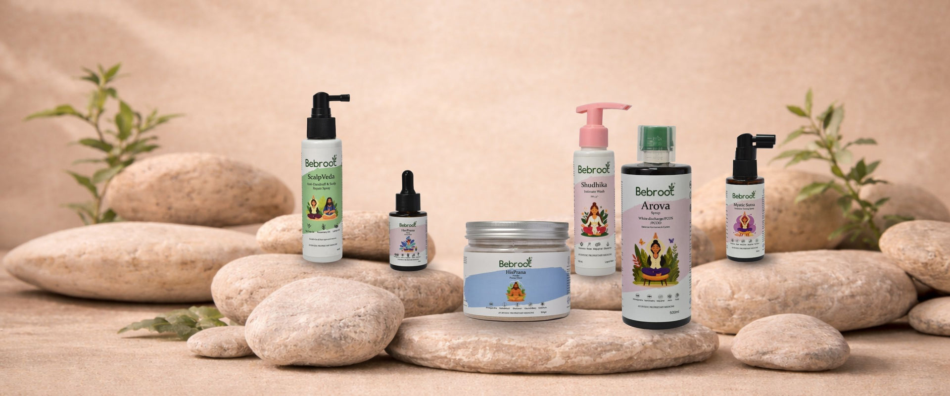 Bebroot Ayurvedic wellness product collection displayed with natural botanical elements