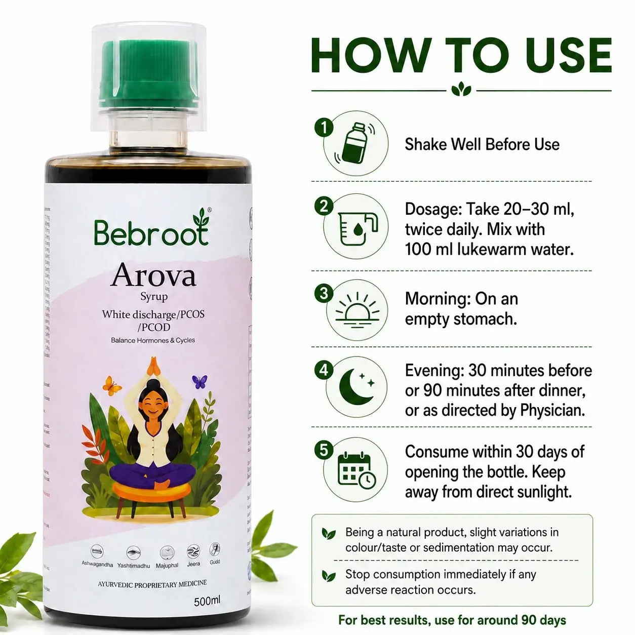 Arova Ayurvedic Syrup for women  Dosage & Usage Direction that supports in PCOS, PCOD & Hormonal Balance