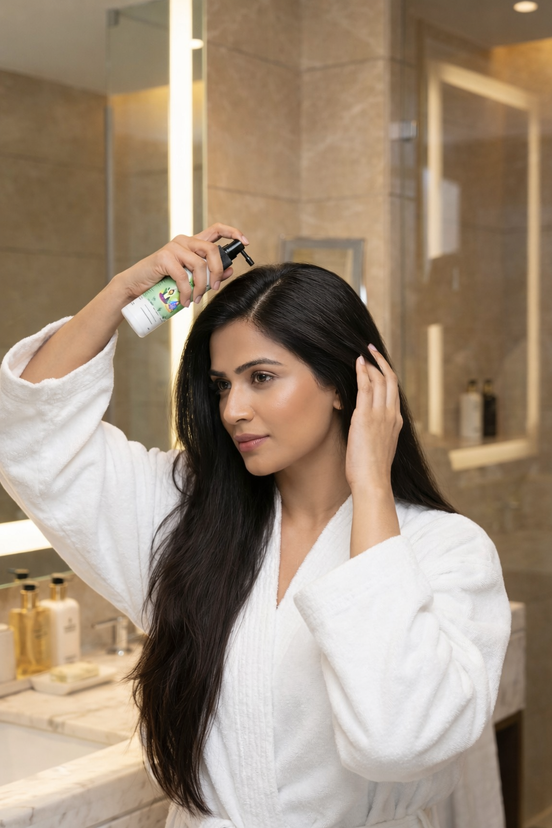 Woman in a white robe applying hair product in a bathroom.