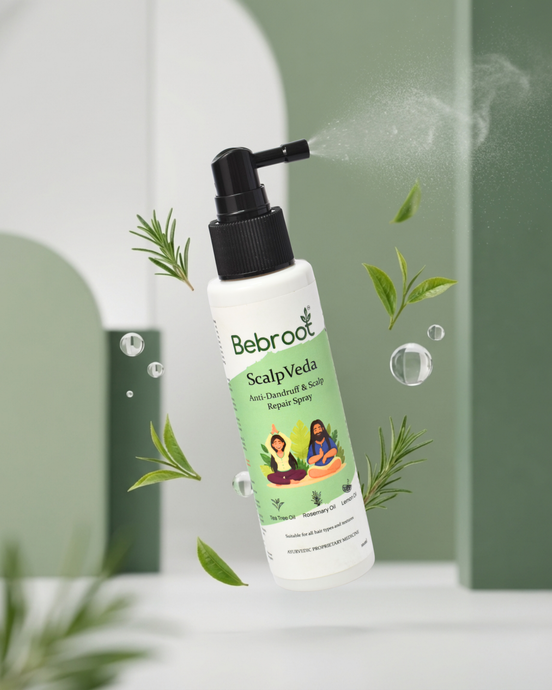 Bottle of Bebroot ScalpVeda hair care product with green leaves on a light background