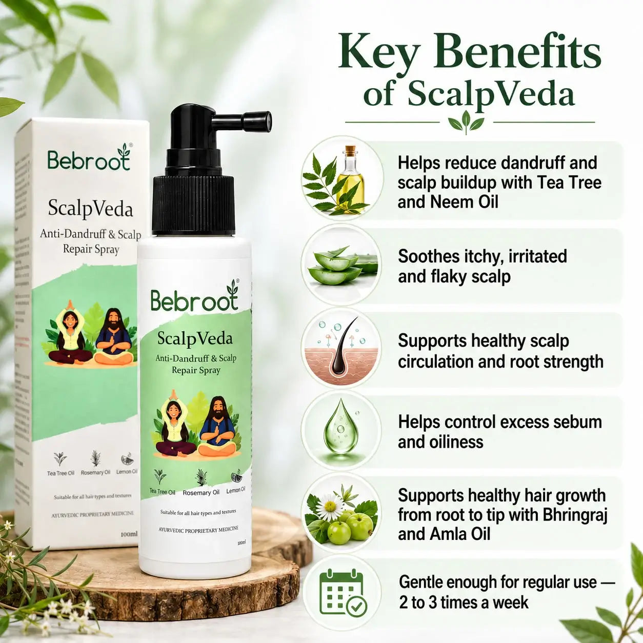 ScalpVeda Spray Key Benefits – Controls Dandruff, Reduces Hairfall & Repairs Scalp with Ayurvedic Oil and Herbs