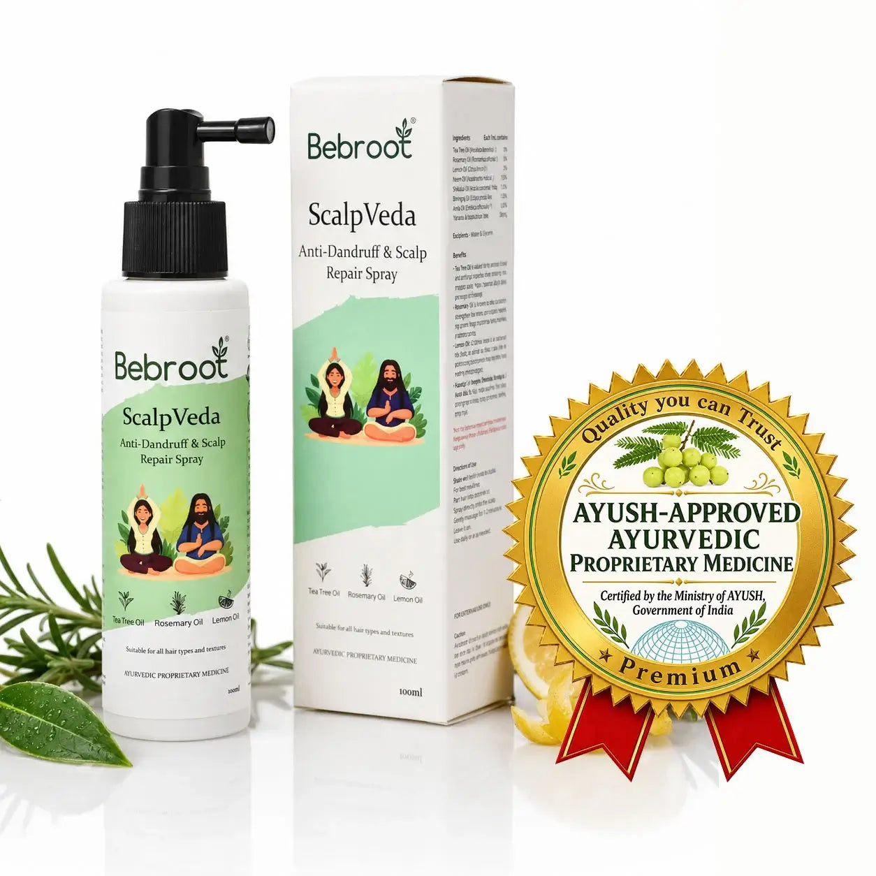 ScalpVeda – AYUSH Certified Ayurvedic Anti-Dandruff & Scalp Repair Spray, GMP Certified, Made in India