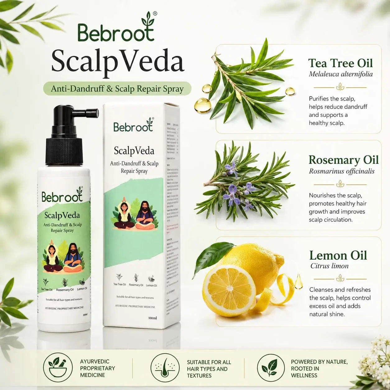 ScalpVeda Key Ingredients – Tea Tree Oil, Rosemary Oil & Lemon Oil for Anti-Dandruff & Scalp Repair