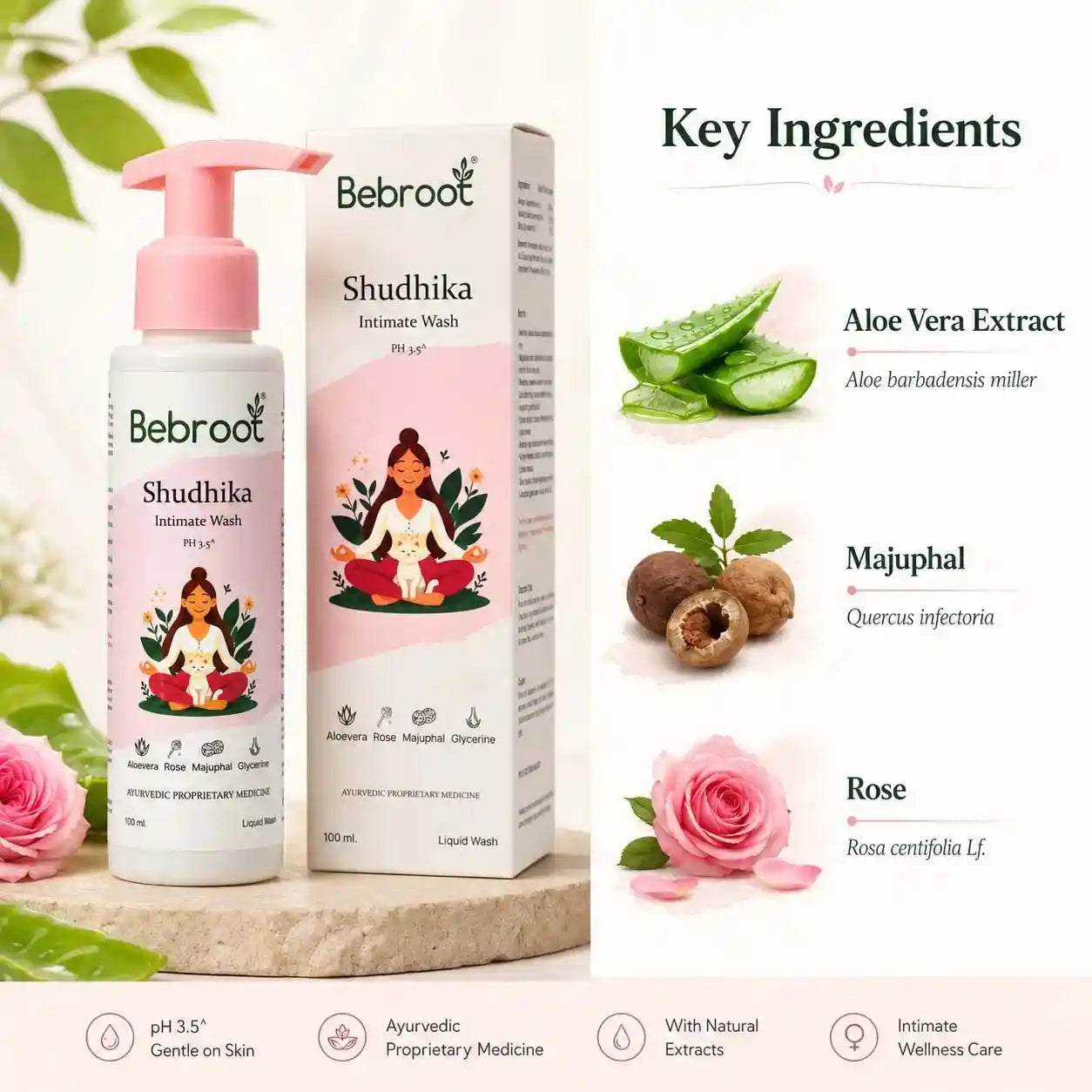 Shudhika Key Ayurvedic Ingredients used like Aloevera, Rose, Majuphal & Glycerine for Gentle pH-Balanced Feminine Hygiene