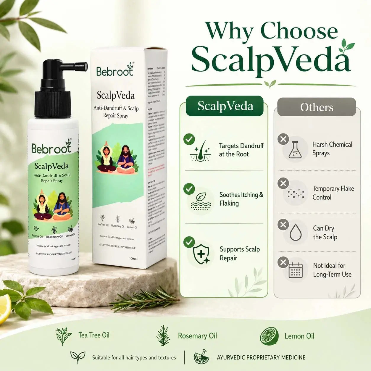 Why Choose ScalpVeda – Ayurvedic Anti-Dandruff Scalp Spray Suitable for All Hair Types with No Harsh Chemicals